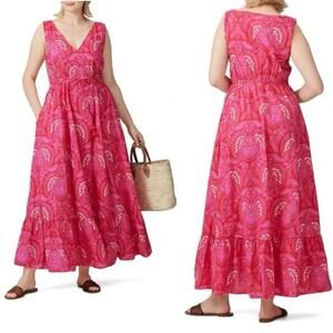 FIGUE Indira Tiered Maxi Dress Size L Pink Cotton Cinch Waist Coastal Boho Chic